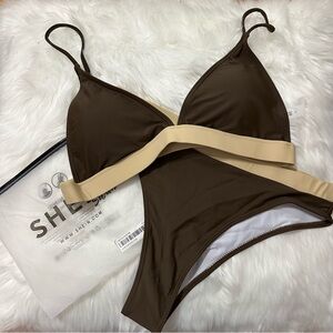 Color Block Brown Triangle Spaghetti Strap Highwaisted Swimsuit